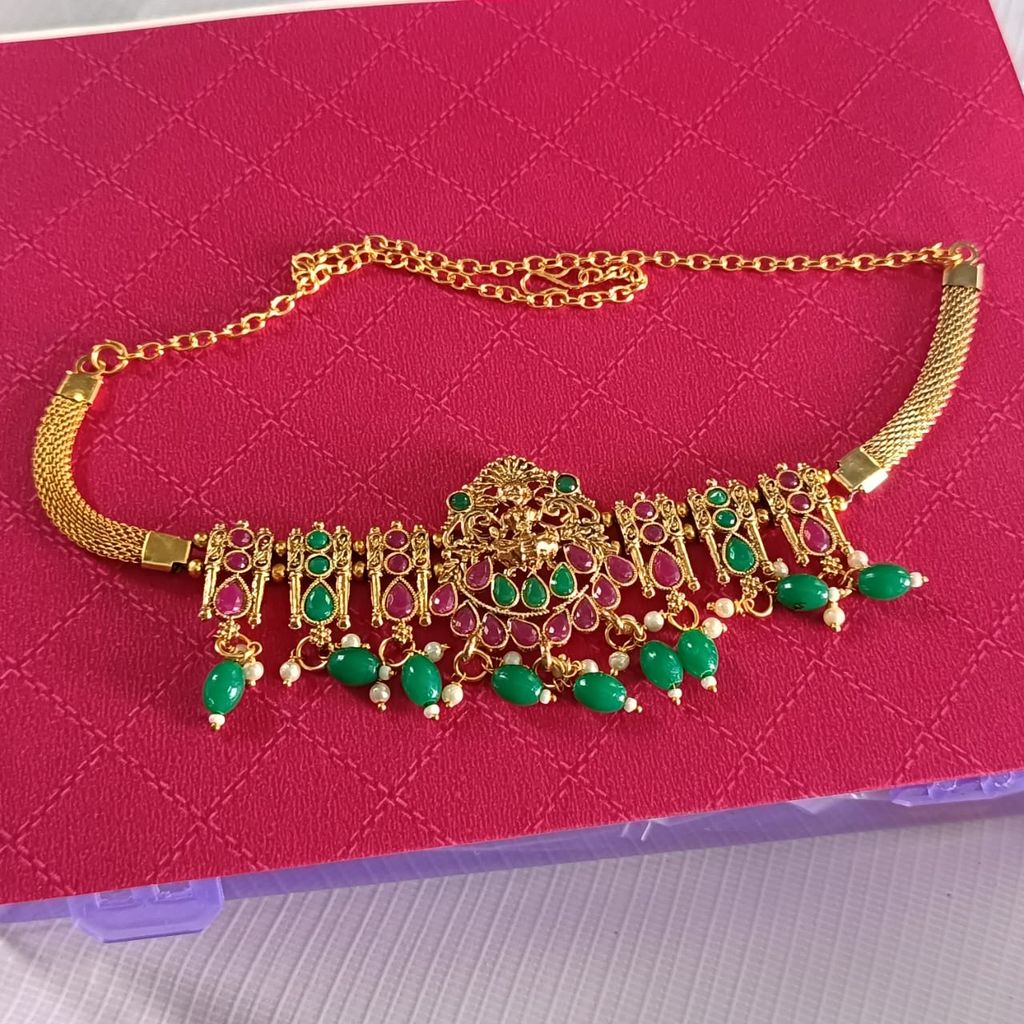 Gold-plated traditional Indian waist belt kamarband with green and pink stones view 2
