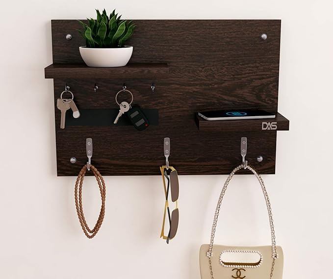 DAS Wall Mounted Home Dcor Key Chain Holder/Organizer Key Hooks with Double Wall Shelf Display Rack Wenge (7 Hooks)- Diana view 2