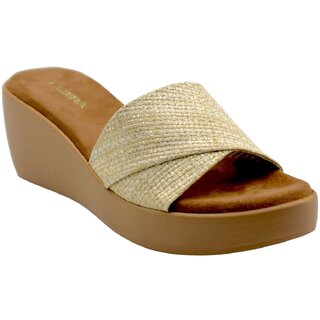 Lazera Beige Wedge Sandals for Women Cross Strap Slip On Comfort Slides view 2