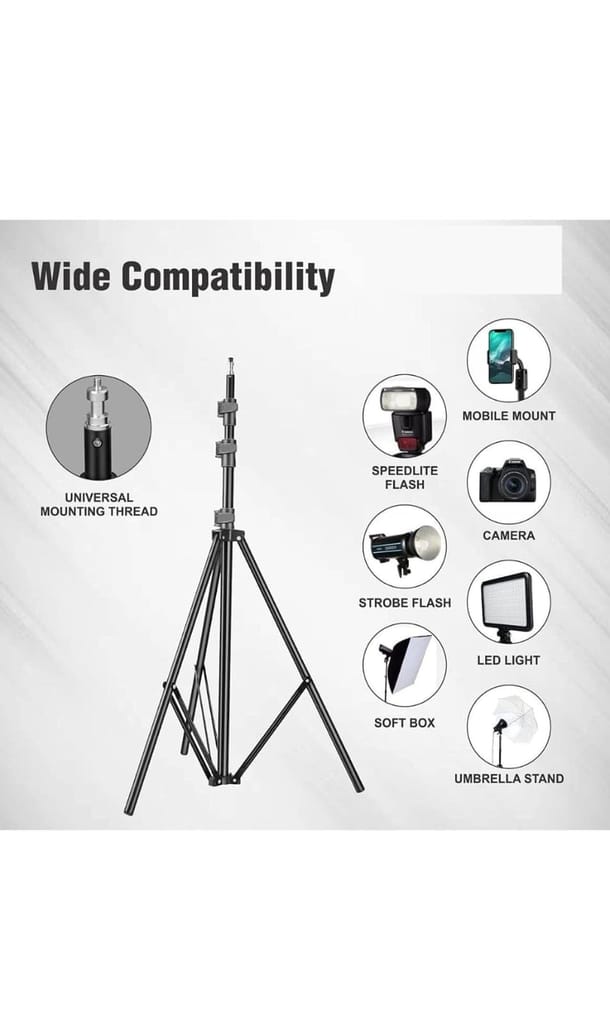 Light Stand (Tripod) 7 ft for Ring Light, Photography, Reflector, Flash Units, Diffuser, Portrait, Softbox, Studio Lighting & More Ideal for Outdoor & Indoor Shoots. Metal-with 1/4 inch Thread. Black view 2