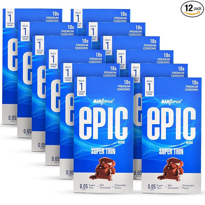 Manforce Epic Desire Super Thin Premium Condoms for Men Silk Chocolate Flavour Disposable Pouch (10 Counts) x pack of 12