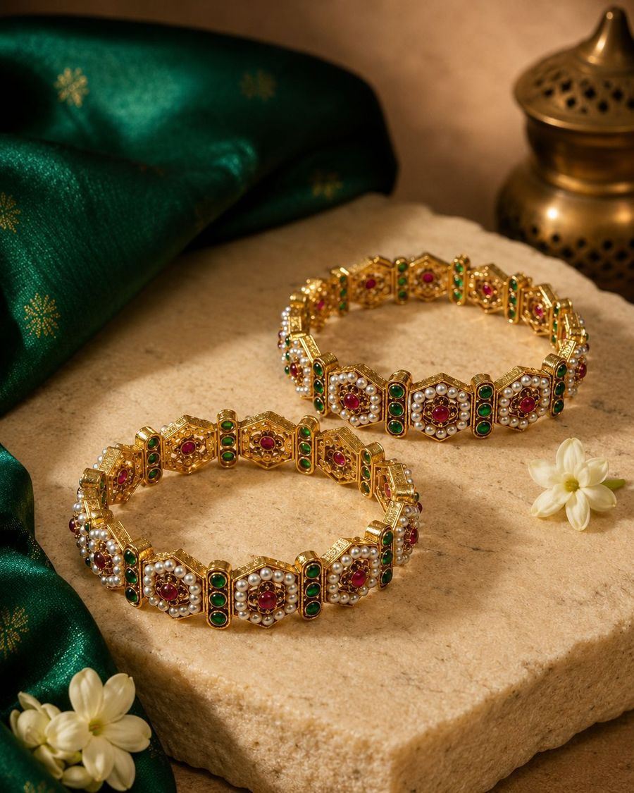 Traditional Gold-Toned Red and Green Stone Embellished Bangle Set view 2