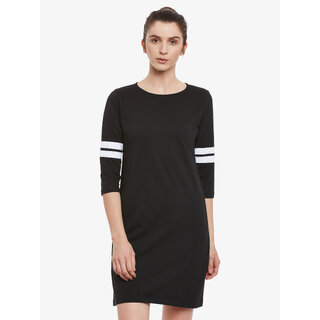 Women'S Black Solid Round Neck 3/4 Sleeve Panelled Shift Dress