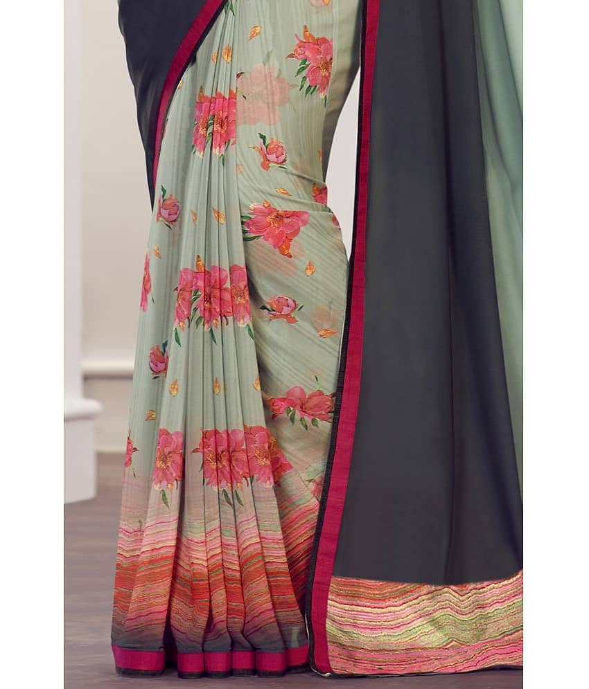 BLEESBURY Georgette Printed Saree With Unstitched Blouse Piece ( Mint Green ) view 2