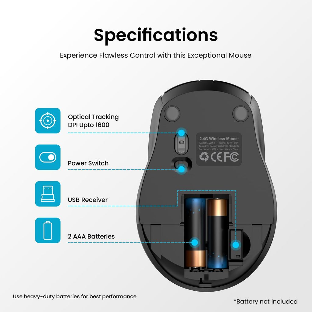 Portronics Toad 31 Wireless Mouse with 2.4 GHz Connectivity, USB Receiver, 10m Working Distance, Ergonomic Design, Auto Power Saving, Adjustable DPI for Laptop & PC (Black) view 2