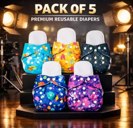 Pack of 5 Printed Reusable Washable Baby Cloth Diapers with 5 Premium Absorbent Inserts for Newborn & Infants, Adjustable and Leakproof