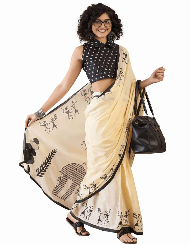 Light Yellow Cotton Saree with Warli Art Print & Black Geometric Blouse