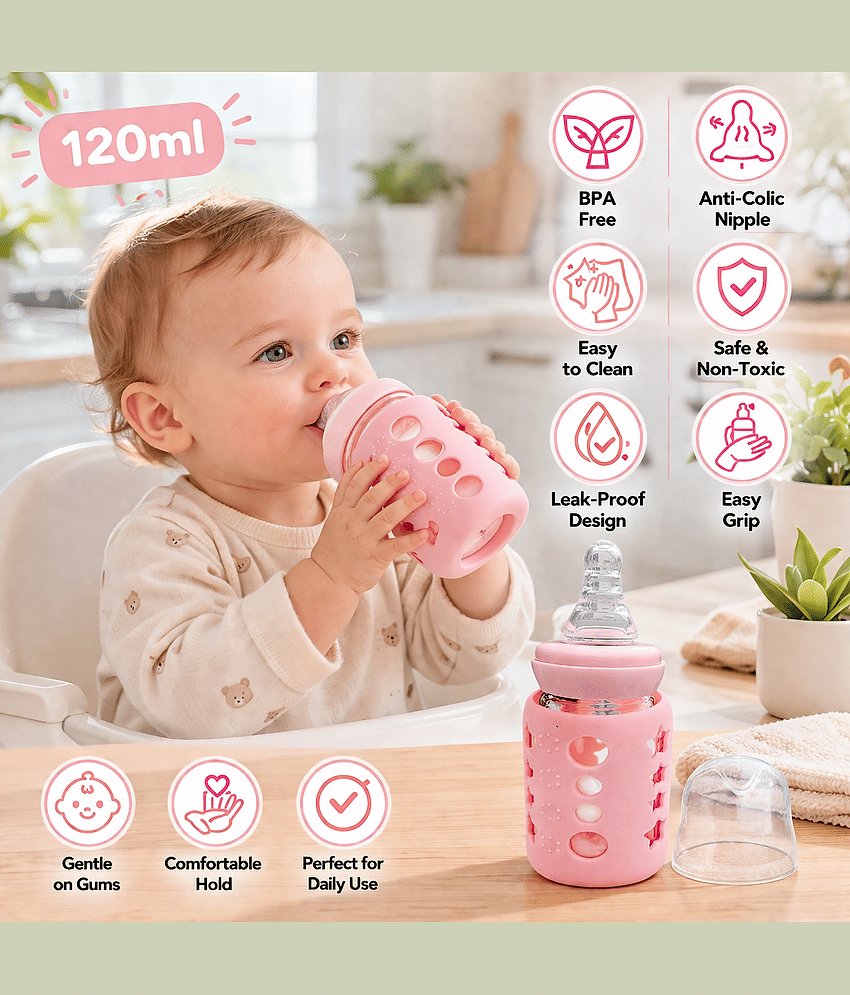 BBYARAJ Premium 120ml Anti-Colic Baby Feeding Bottle Multicolour Glass Water Bottle 150 mL ( Set of 1 ) view 2