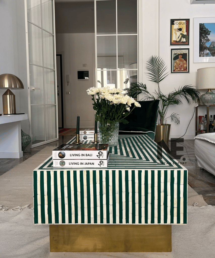 Handmade Green Bone Inlay Coffee Table – Striped Design with Brass Legs | Elegant Boho-Luxe Center Table view 2