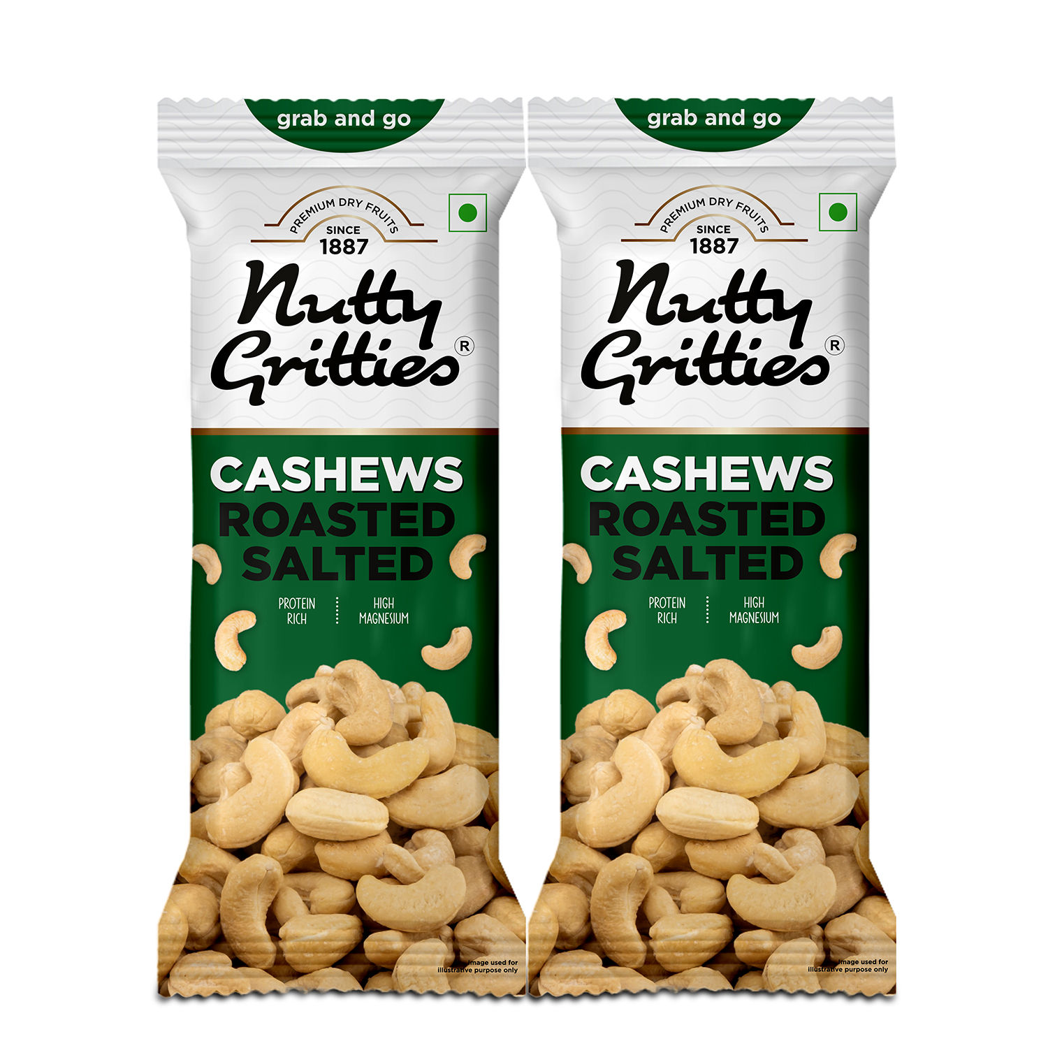 Nutty Gritties Grab and Go Premium Jumbo Size Cashews, Roasted & Lightly Salted | W240 | ⁠Zero Breakage, 40 gm - Pack of 2