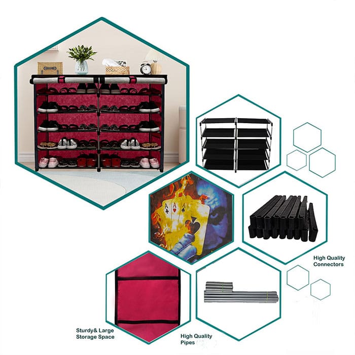 Philoshop 10 Layer Shoe Rack with Cover – Pink | Durable Metal Frame with Card Print Design | Dustproof & Space-Saving Shoe Organizer view 2