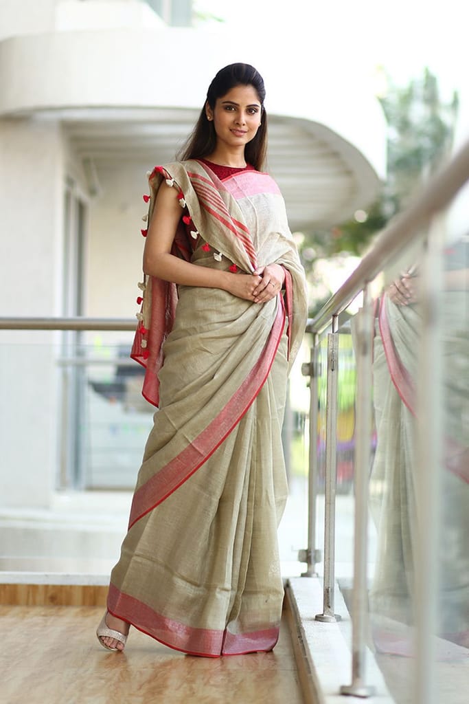 Pure Organic Linen Saree – Beige &amp; Red view 2