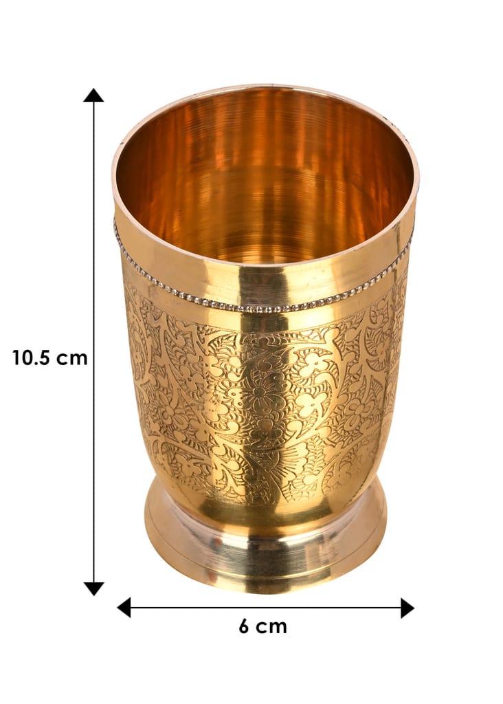 BulkySanta Pure Brass Royal Glasses with Handcrafted Etching Design - Set of 4 Glasses (Glass Capacity - 250 ML) view 2