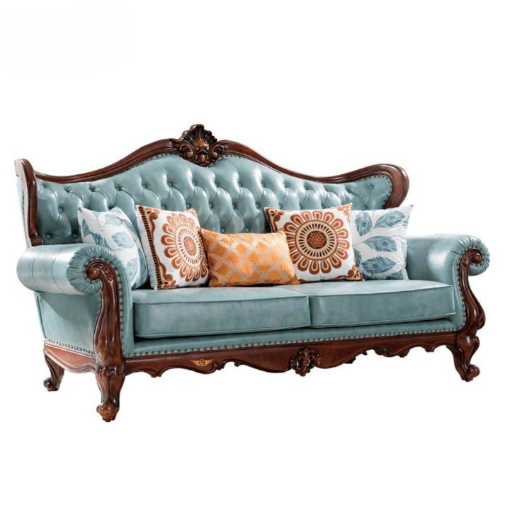 Handicrafts Luxury Teak Wood Carved Leather Sofa Set view 2
