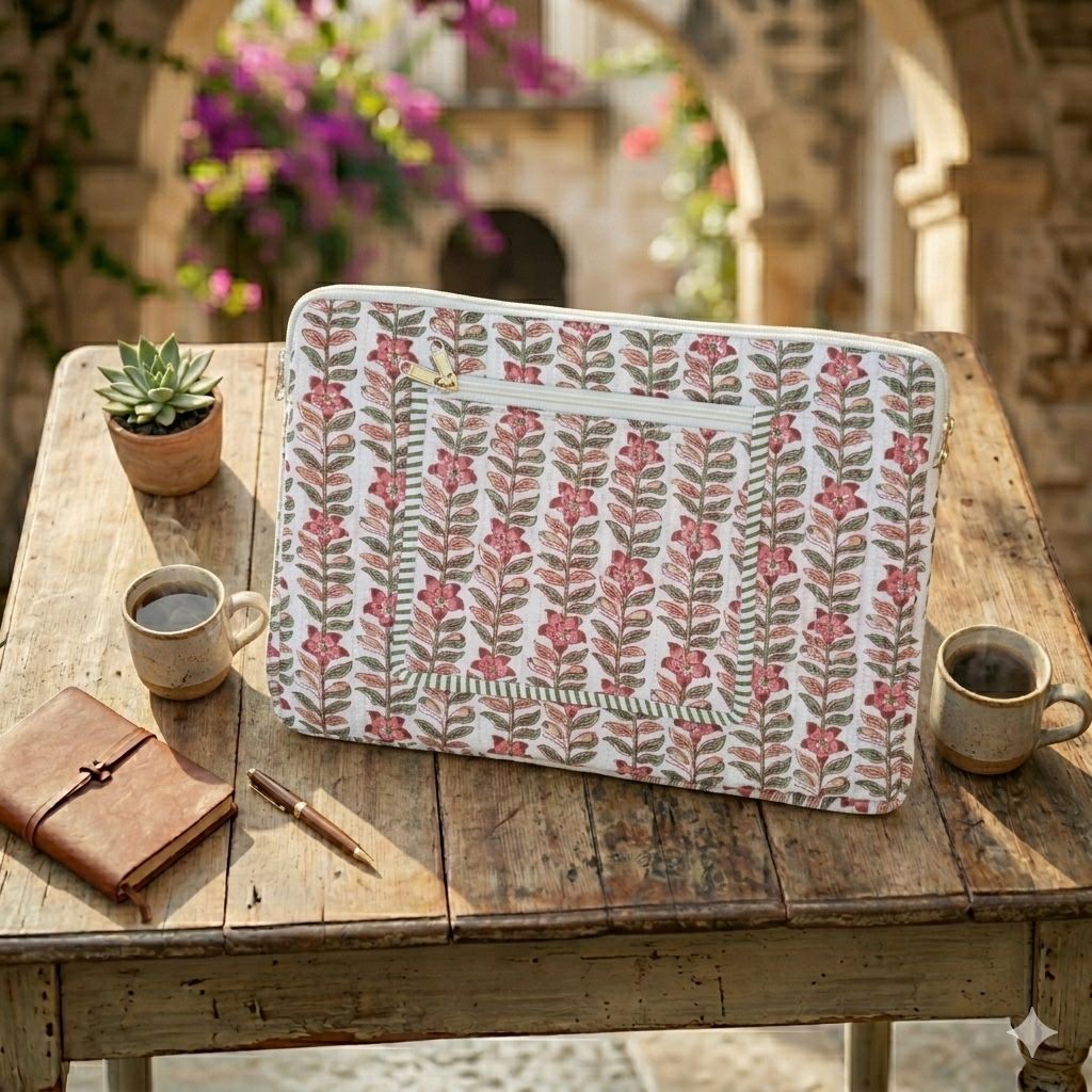Rani Vines Block Print Quilted Cotton Laptop Sleeve With Front Pocket Peach 10"X15"