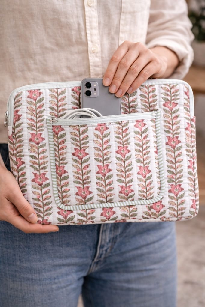 Rani Vines Block Print Quilted Cotton Laptop Sleeve With Front Pocket Peach 10"X15" view 2