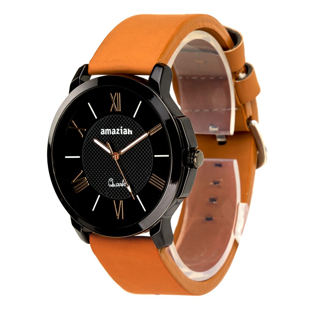 Amaziah Men's Analog Watch with Black Dial and Brown Leather Strap view 2