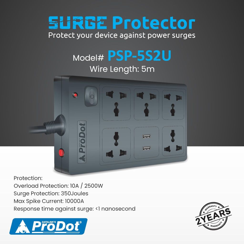 PRODOT Power Spike Guard, Strip Surge Protector with Master Switch and 5 Outlets with 2 USB, Heavy Duty Extension Cord for Home, Office, Travel & Phone Charging view 2
