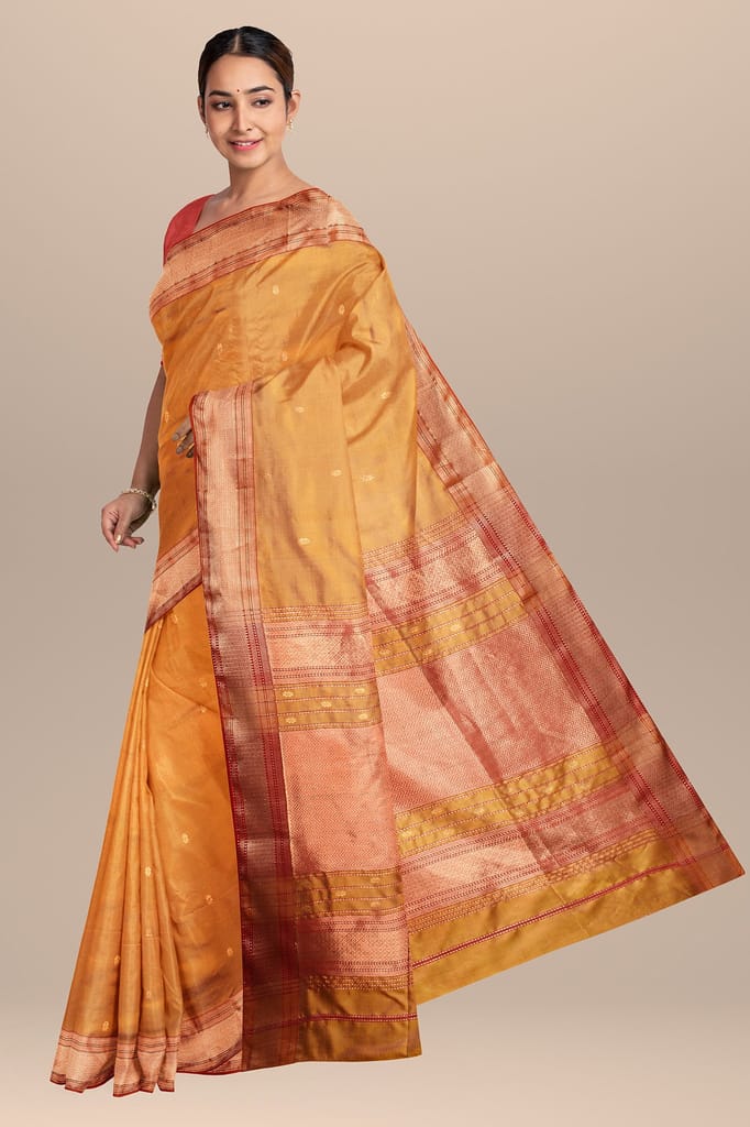 Golden Yellow Rui Buti Handwoven Mulberry Sausar Silk with Broad Zari Border Saree Saree SKU-BS10132 view 2