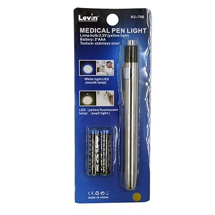 AABHA Medical Silver Pen Torch Imported LED Pen Light Torch Nurse Medical Pen Light with for Nursing Studenst, Doctors, Black and Silver with White Yellow Light (Silver Torch)