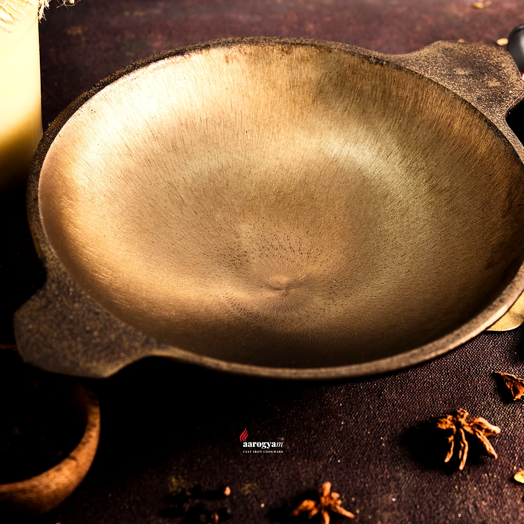 Aarogyam Cast Iron Appam Pan Smooth , Pre-Seasoned 8 inch Diameter (20cm), Naturally Non-stick, Toxin-Free, Gas & Induction Compatible, Weight- 1.5kg (Colour - Black) by Aarogyam - The Cast Iron Shop view 2