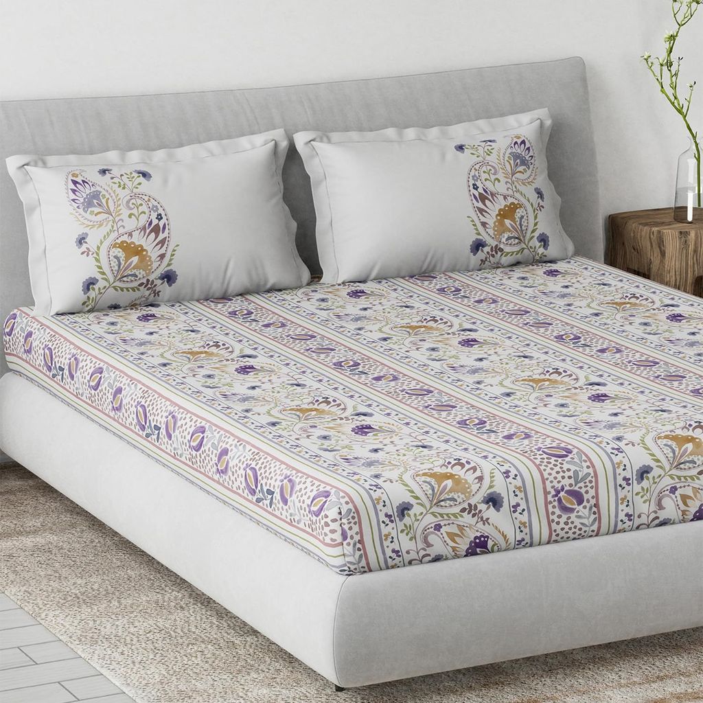 DDECOR - Primary Collection 100% Cotton Ethnic Pattern 145TC King Fitted Sheet|180 CM X 198 CM| - Purple view 2