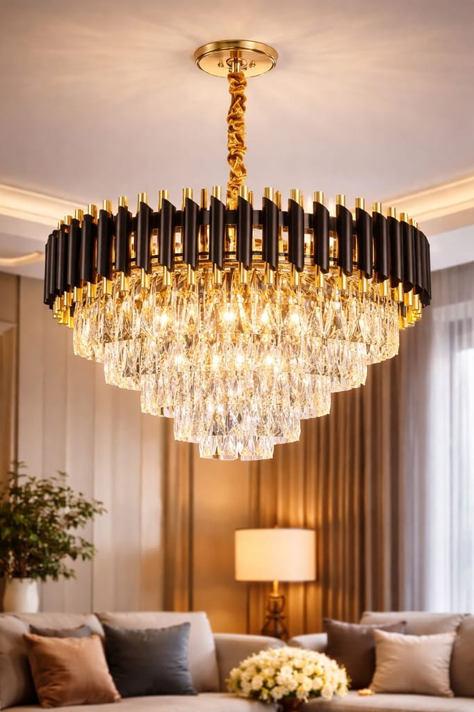 SPARKWORLD Black K-9 Crystal Pendant Aluminum (500Mm) Ceiling Light Ceiling Lamp | Size: 50X50 cm | Colour: BlackGold(500mm) view 2