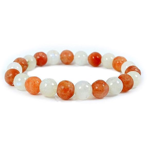 Moonstone & Sunstone Healing Crystal Bracelet Unisex Adult (Peach & White) view 2