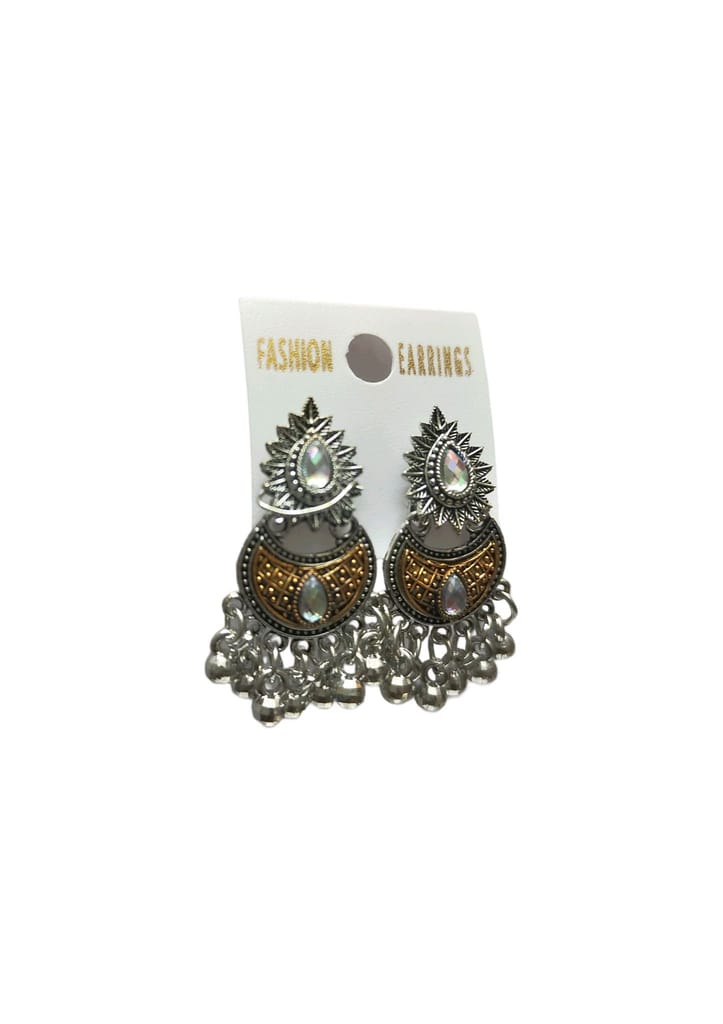 oxidized silver jhumka earrings with golden floral design and pearl drops view 2