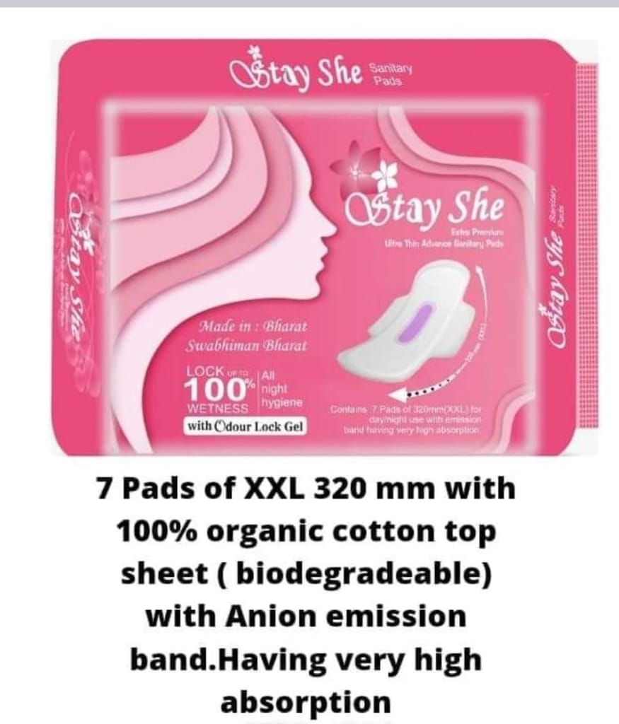 Stay She Ultra Thin Advance Sanitary Pads with Anion Emission Band - 7 Pads of XXL 320mm with 100% Organic Cotton Top Sheet (Biodegradable)