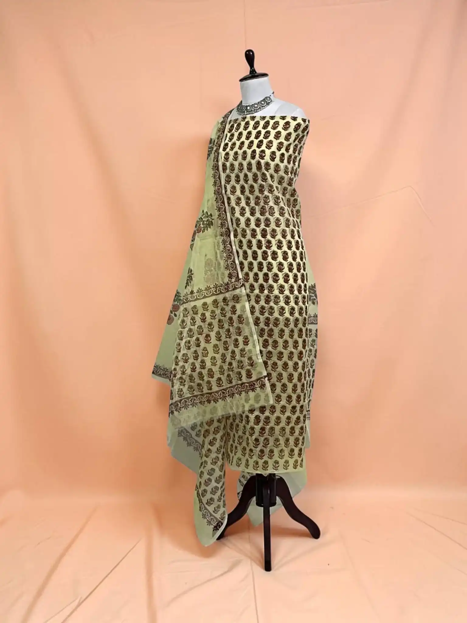 Handwoven Kota Doria Cotton-Silk Dress Material in Beige Rose view 2