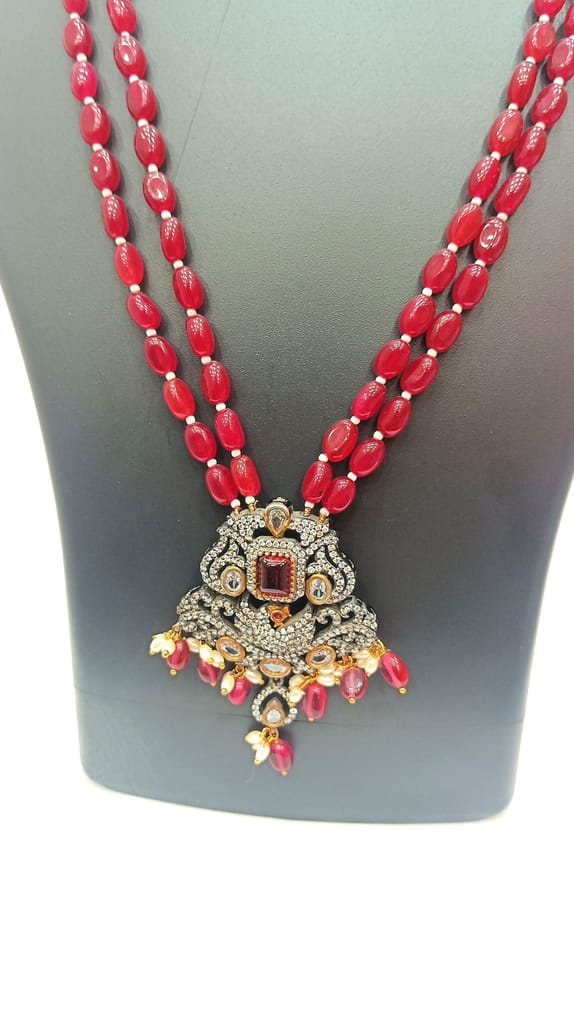 Red Beaded Necklace Set with Stone Pendant and Earrings view 2