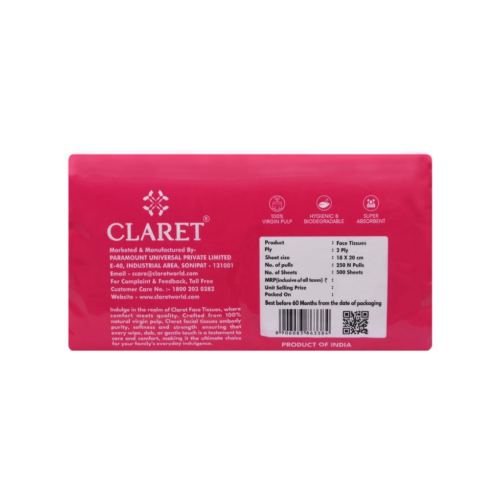 CLARET Polypack Facial Tissues - 2 Ply, 250 Pulls per Pack (500 Sheets Total) - Ultra Soft, Versatile for Home, Office, Car & More - 2-Pack (Assorted Colors) view 2