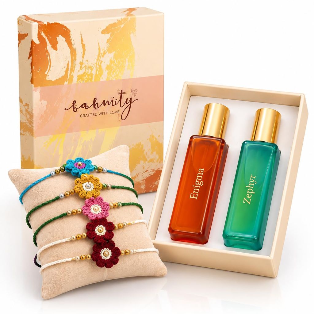 Rareity Rakhi Gift Hamper for Brother and Sister | Enigma &. Zephyr Perfume Combo Pack 30ml Each | Get any 2 Hand Crochet Rakhi Free