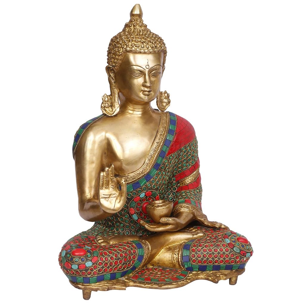 ARTVARKO 16" Big Buddha Statue Handmade Sitting Blessing Buddhism Idol Brass Turquoise Stone Work. view 2