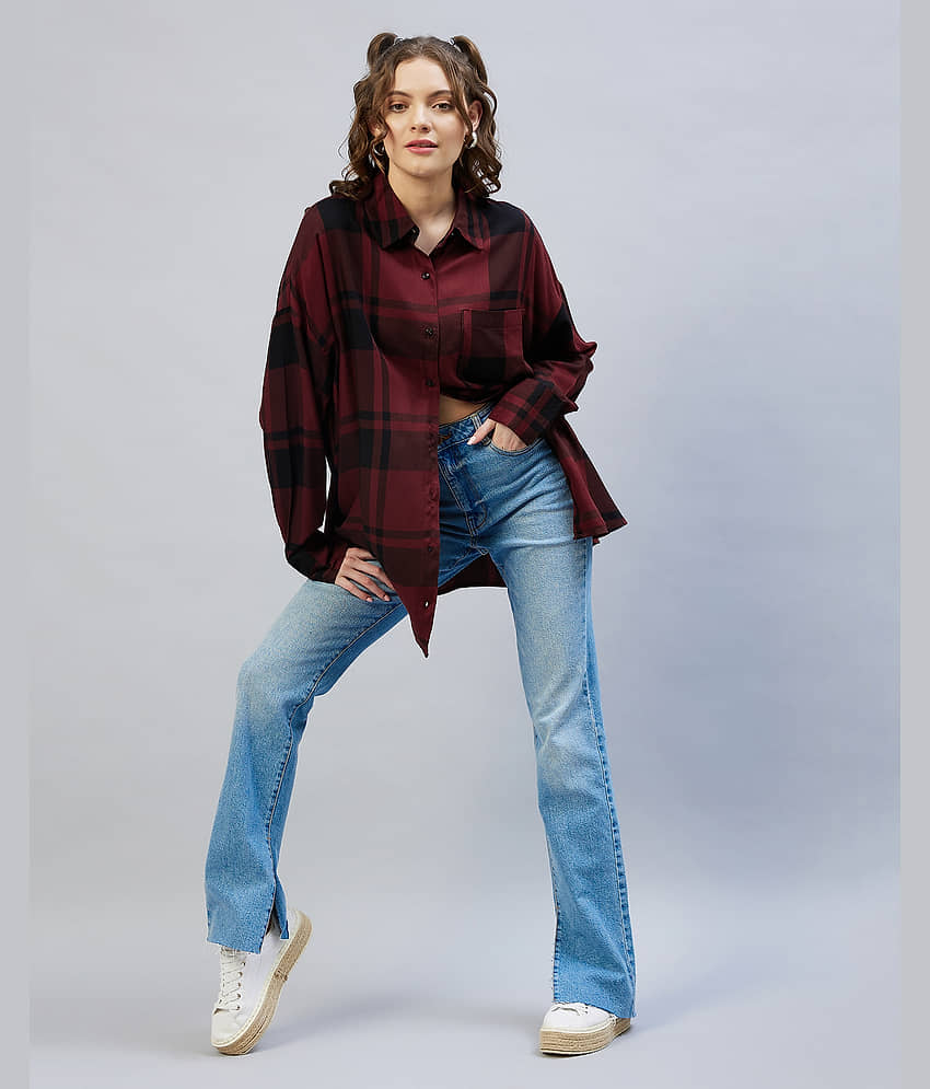 Chimpaaanzee Women Checks Viscose Shirt ( Maroon ) view 2