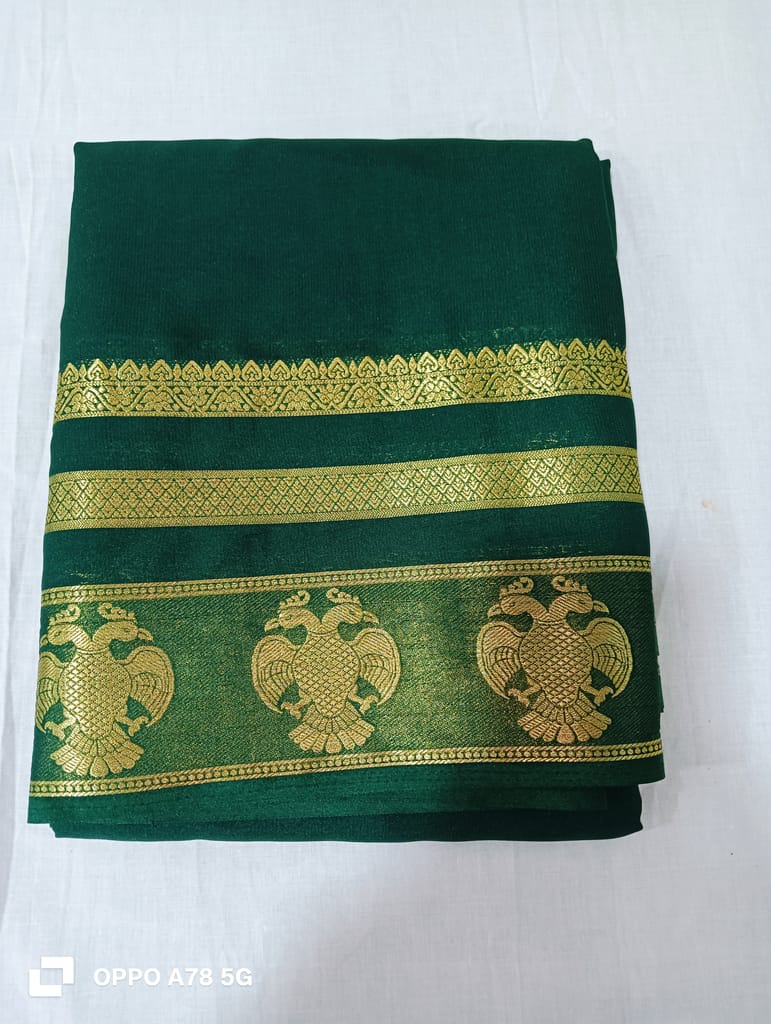 Elegant Dark Green Crape Saree with Golden Mythical Bird Zari Border view 2