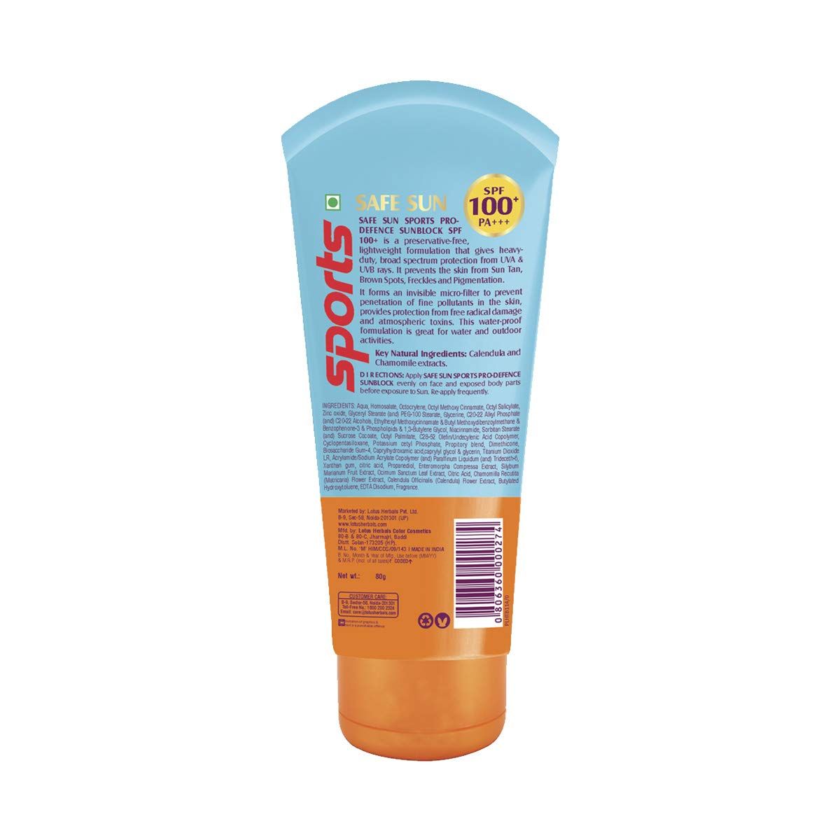 Lotus Herbals Safe Sun Sports Pro-Defence Sunscreen Cream SPF 100 PA+++, Sweat & Waterproof, Preservatives Free, 80g view 2