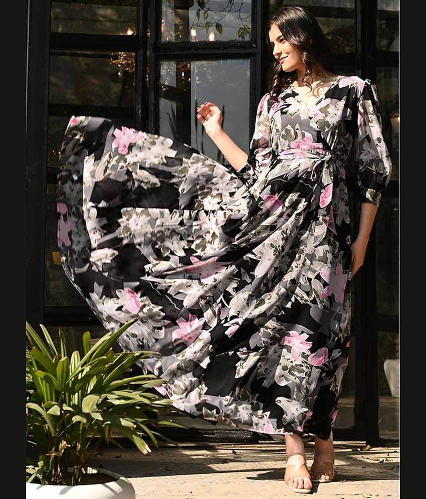 OTABU Women Georgette Printed Fit & Flare Dress ( Black )