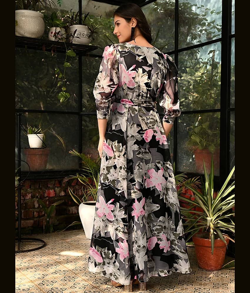 OTABU Women Georgette Printed Fit & Flare Dress ( Black ) view 2