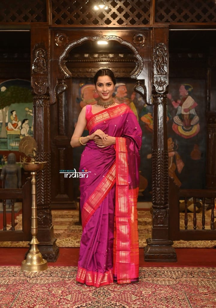 Authentic High Quality Pure Silk Paithani With Most Traditional Double Pallu~Magenta with Contrast Pink view 2
