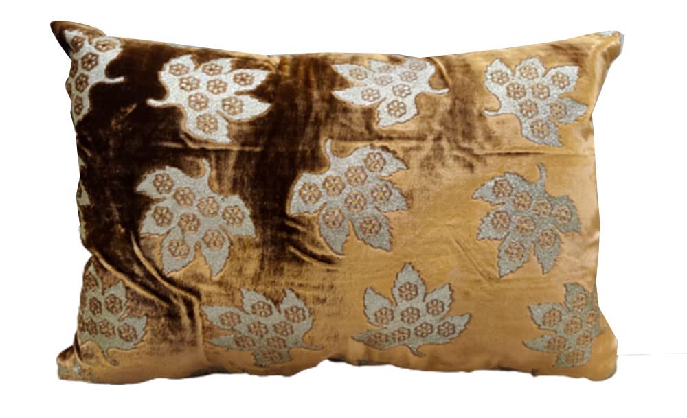 Brown Golden Cushion Cover with Leaf Embroidered Stitched Zippered Velvet Combo Cushion Cover (12x18 inch or 30 x 45 cm) Set of 2 view 2