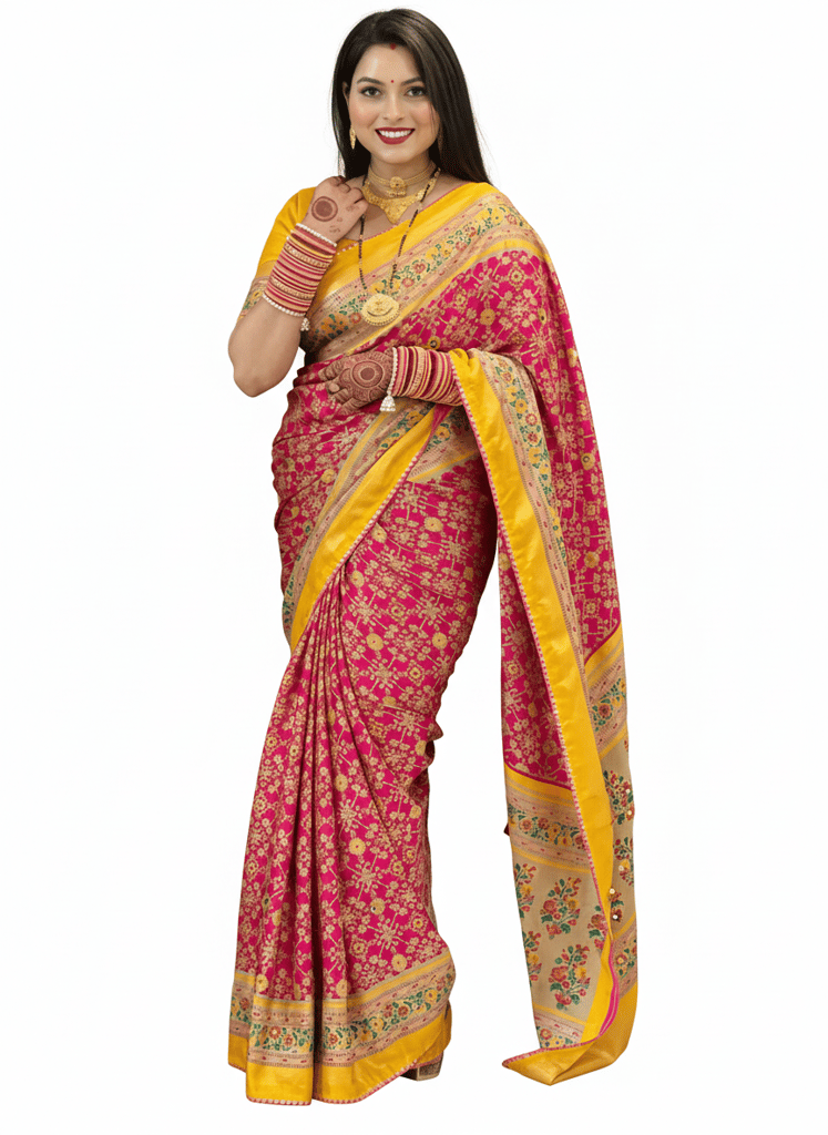 Pink and Yellow Floral Traditional Silk Blend Saree