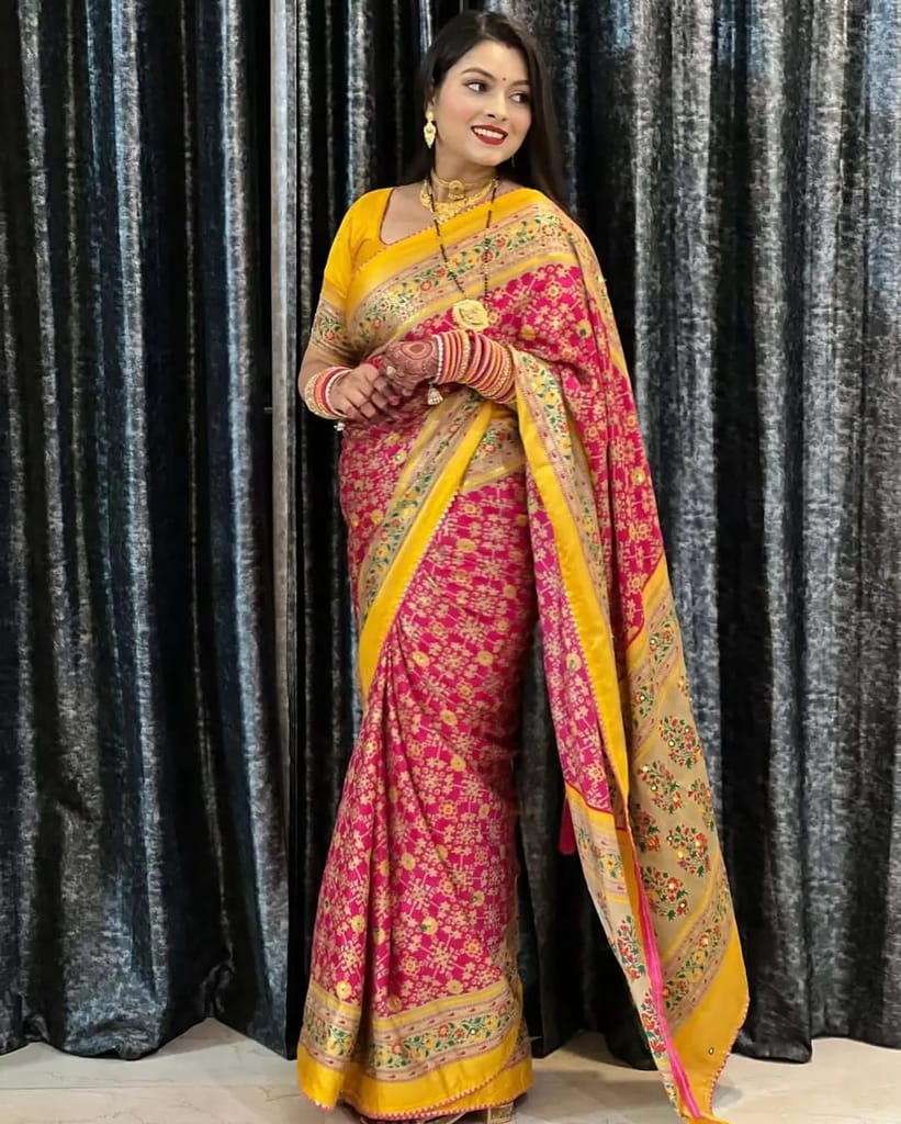 Pink and Yellow Floral Traditional Silk Blend Saree view 2