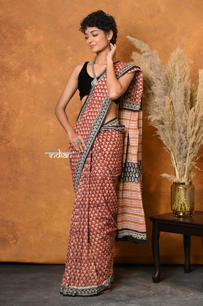 Mastaani ~ Handblock Printed Cotton Saree With Natural Dyes - Orange view 2