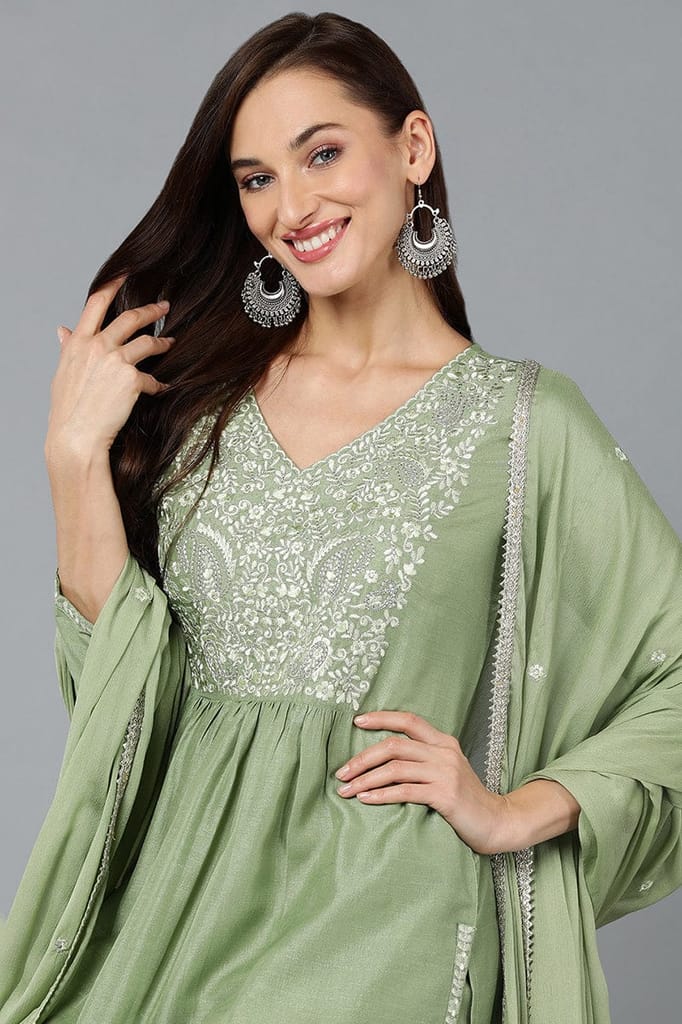 Silk Blend Sea Green Straight Kurta Pant With Dupatta PKSKD1938 view 2