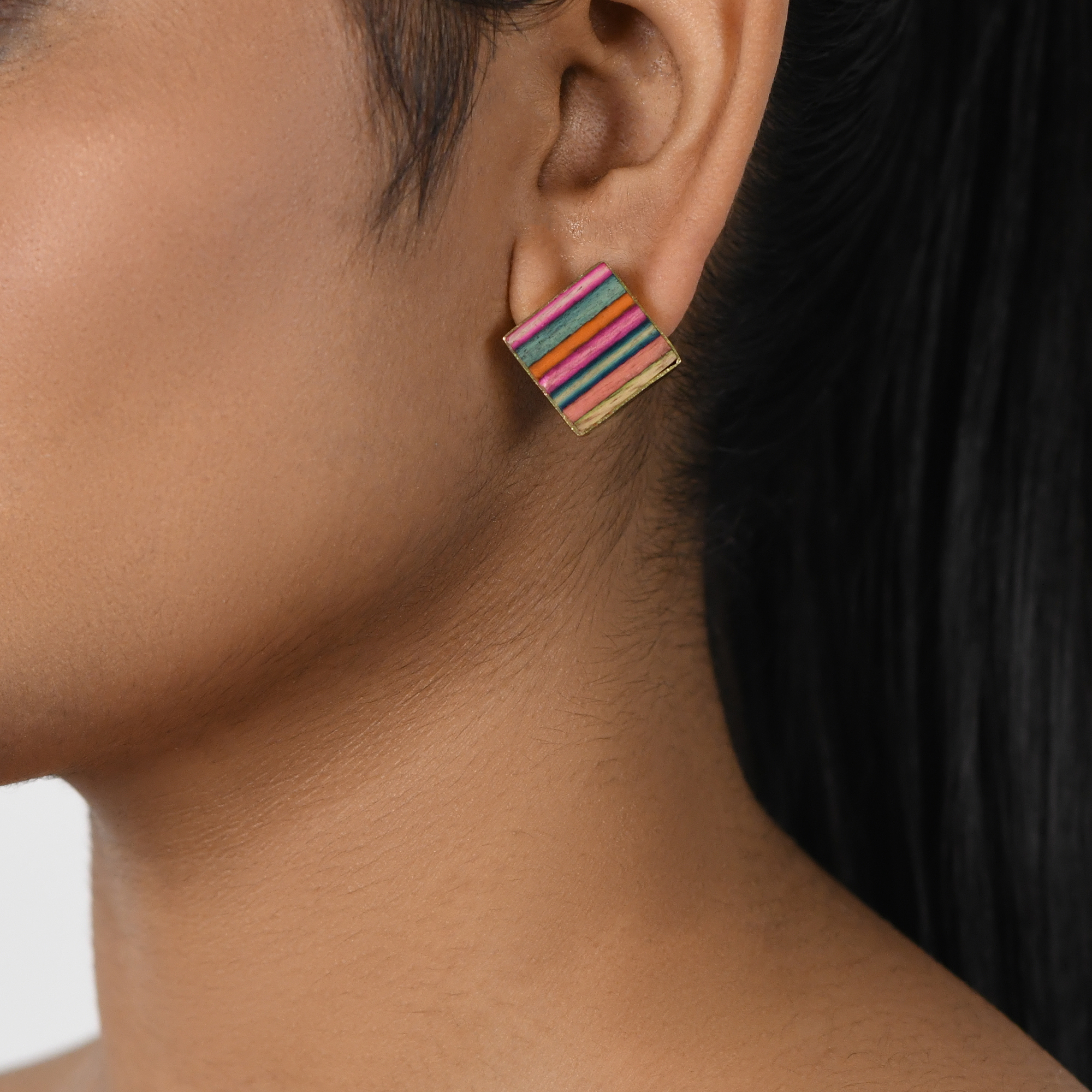 Handcrafted Multicolored Brass Wood Square Stud Earring view 2