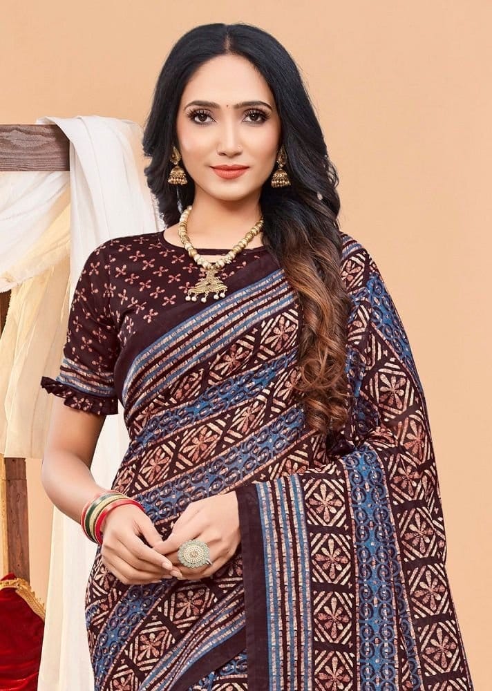 Batik Printed Chanderi Cotton Saree in Maroon view 2