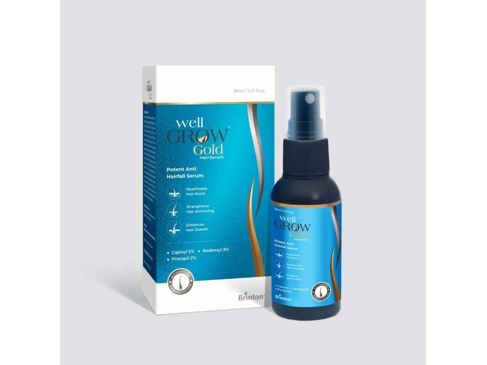 Brinton WellGrow Gold Hair Growth Serum with Redensyl Capixyl & Procapil for Hair Fall Control & Repair | Strengthens & Enhances Hair Growth 30 ml x Pack of 3