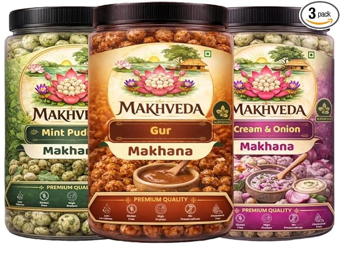MAKHVEDA - Superfood Mood Swing Combo Makhana Roasted Fox Nuts Popped Lotus Seeds Healthy Snack Low Calorie High Protein Gluten Free Crunchy & Delicious Flavours Roasted In Olive Oil (Gud, Mint Pudina, Cream & Onion)